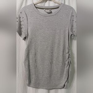 3X$20 Skonhet  gray,  t-shirt with silver studs on sleeves. Ruched Sz M